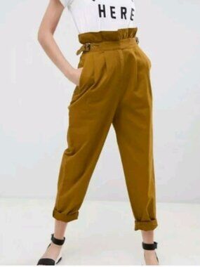 ASOS Mustard Tan Paperbag Heavy Weight Trousers Size 12